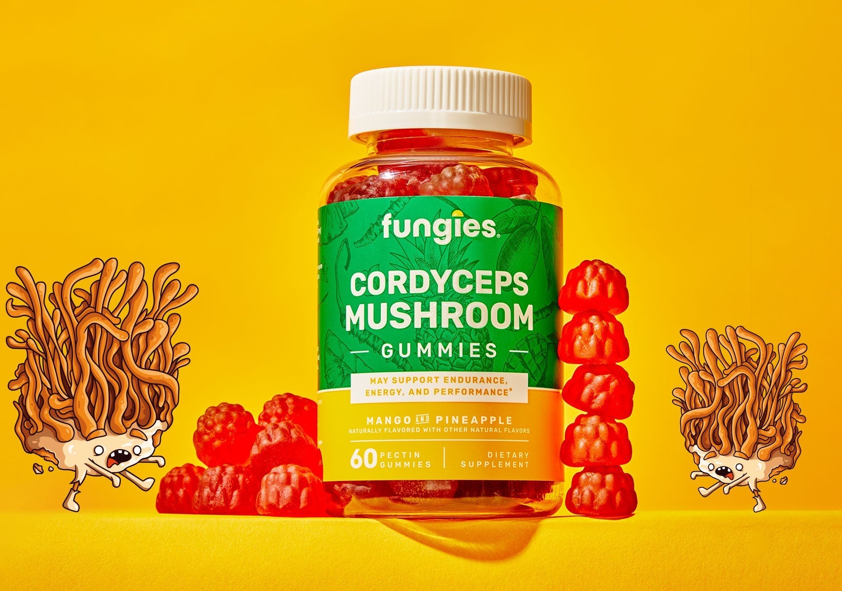 A jar of gummy candies with colorful, fruit-shaped gummies inside, displayed prominently, highlighting the product's vibrant and enticing appearance.