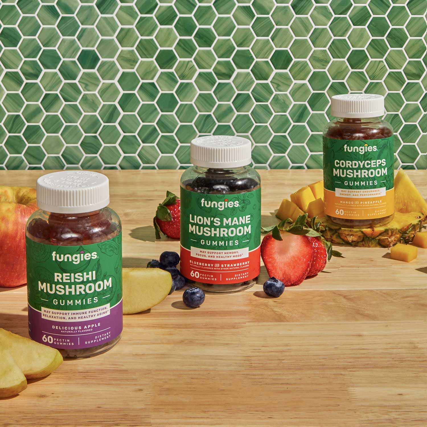 Fungies mushroom gummies on kitchen with fruits