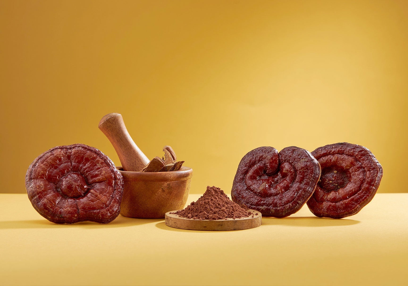 Wooden mortar and pestle with a pile of brown powder and a large brown mushroom, suggesting culinary or herbal use.