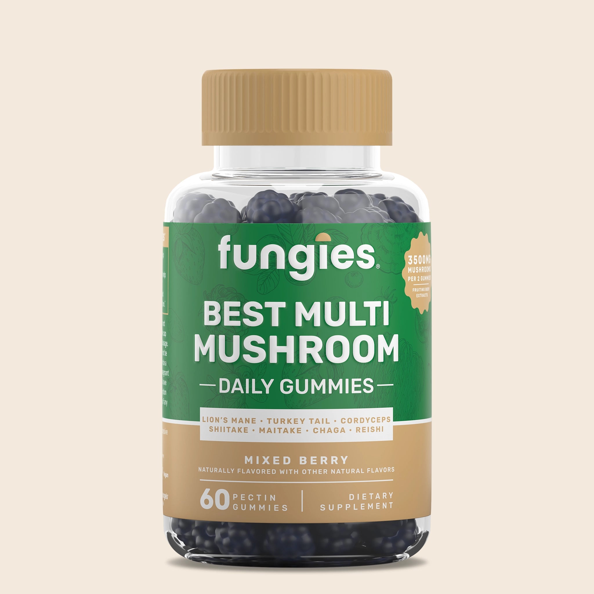 Best Multi Mushroom Gummies (60 Count) in a clear jar with tan lid; berry-shaped gummies, 3,500 mg mushroom extracts per serving, supporting overall wellness.