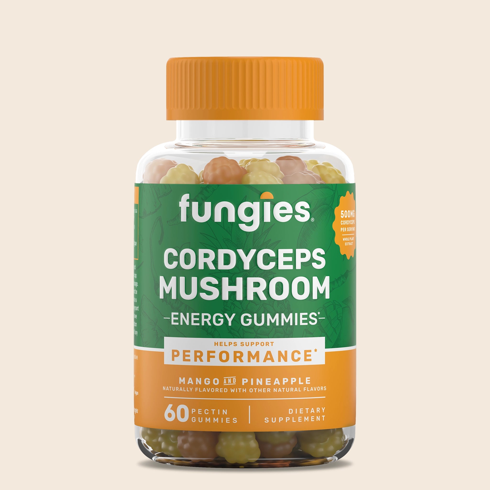Cordyceps Mushroom Gummies (60 Count) bottle with orange cap, showcasing berry-shaped gummies inside, labeled to support performance with mango and pineapple flavor.