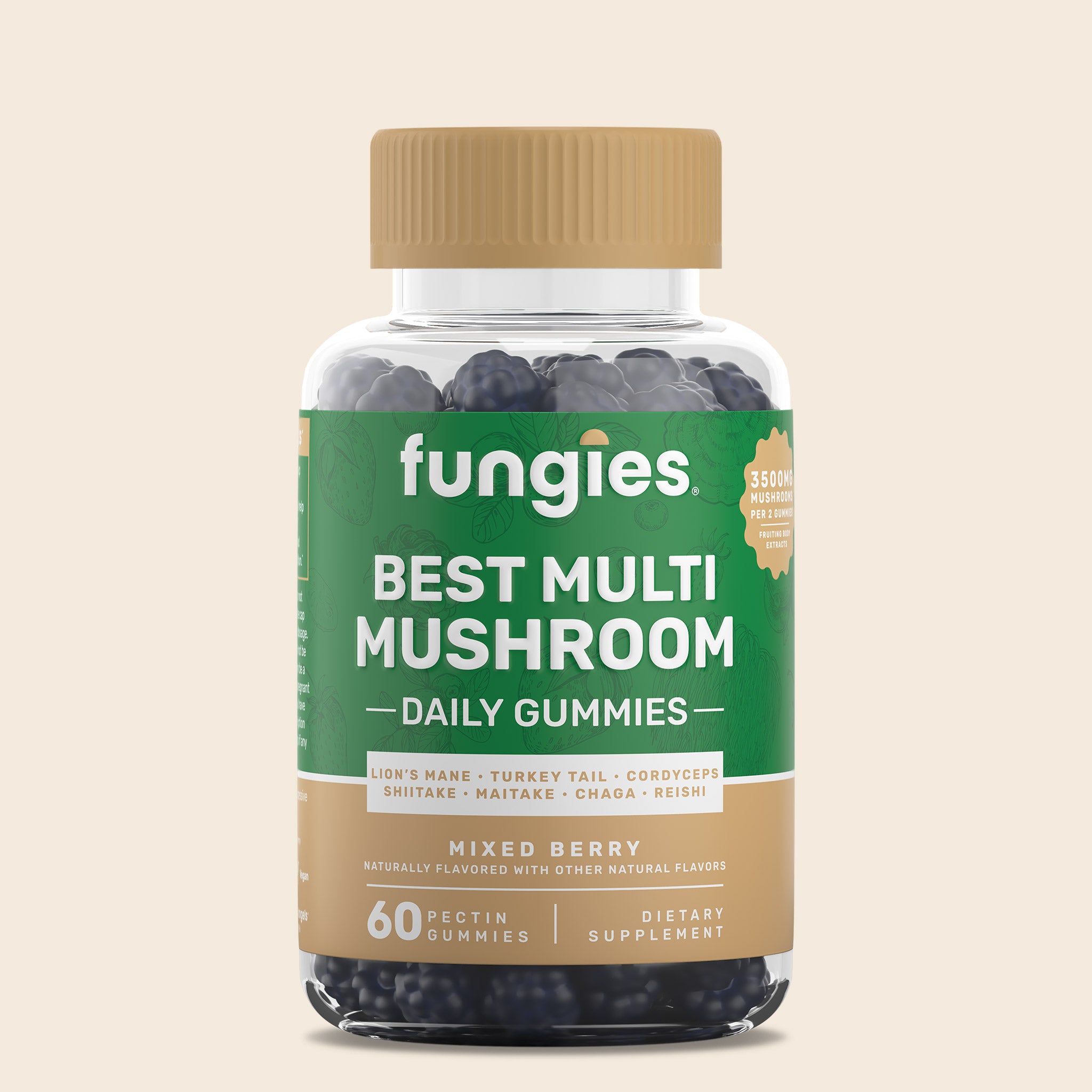 Best Multi Mushroom Gummies jar, labeled for wellness support, featuring seven functional mushrooms to enhance cognitive function, immune health, and energy levels.