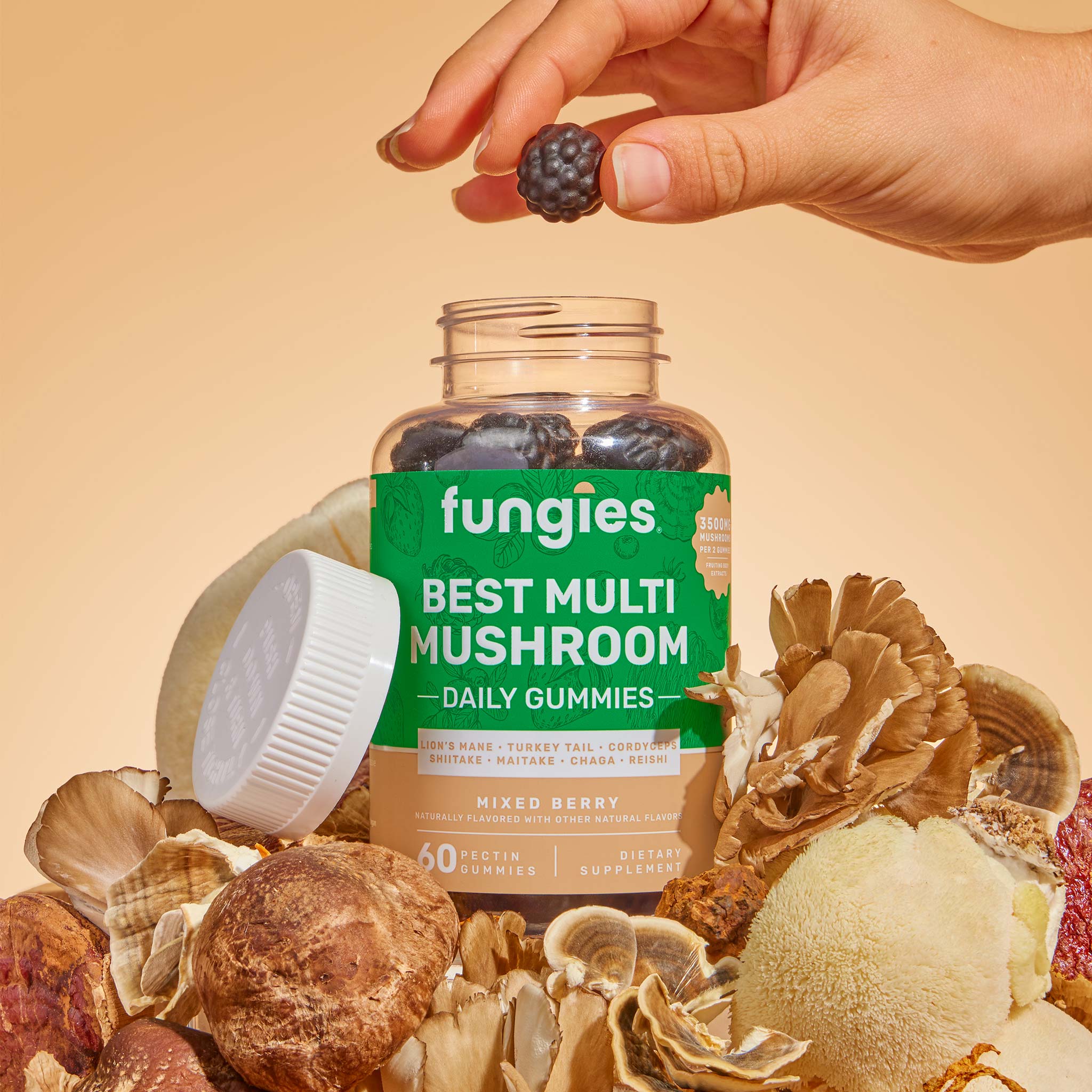 Hand holding a berry over a bottle labeled Best Multi Mushroom Gummies, highlighting the product's focus on wellness with seven functional mushrooms.