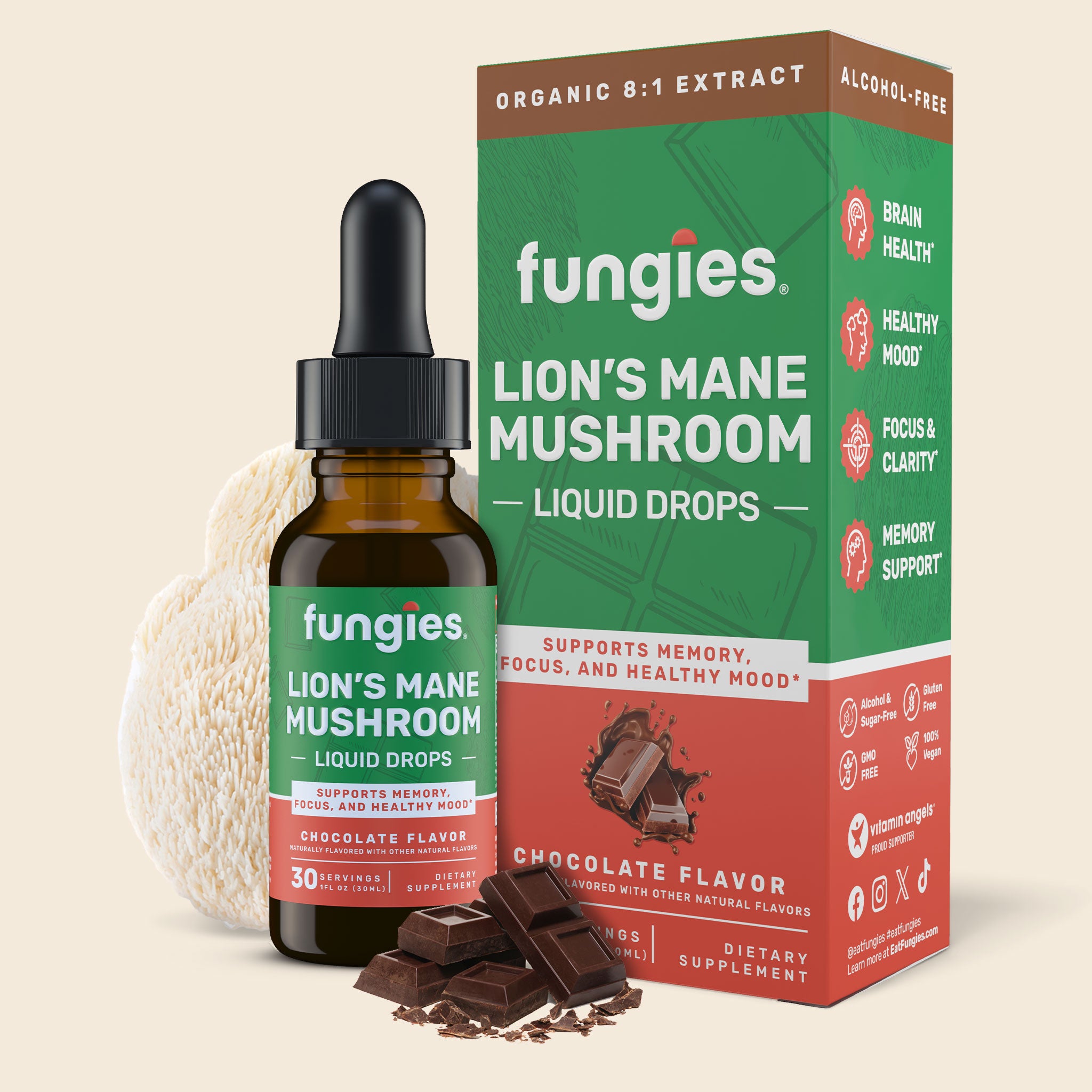 Lion's Mane Mushroom Liquid Drops bottle with dropper, shown next to its packaging, designed to enhance focus, clarity, and memory through organic mushroom extract.