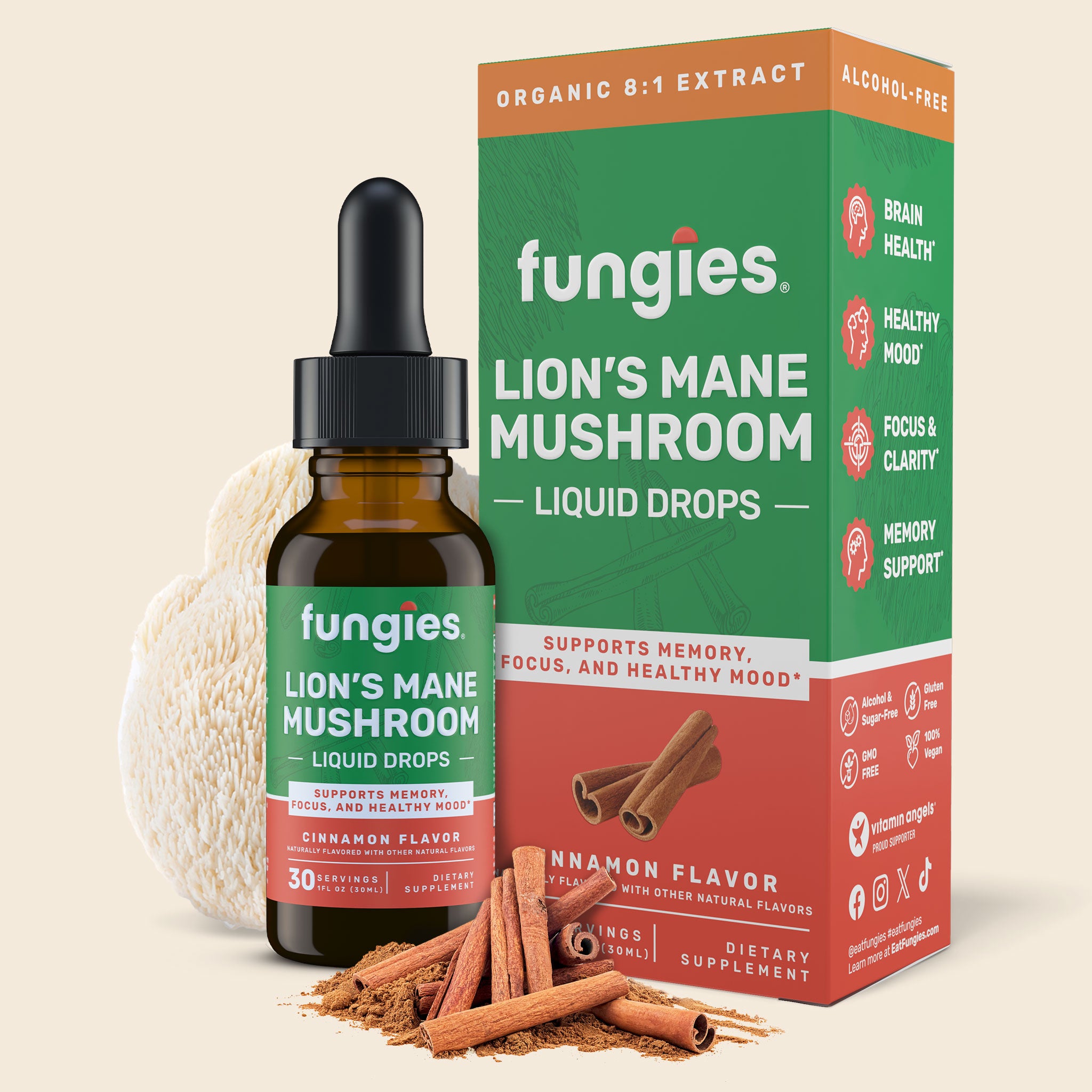 Lion's Mane Mushroom Liquid Drops bottle with green label, accompanied by cinnamon sticks, highlighting its brain health benefits and organic extract infusion for cognitive enhancement.