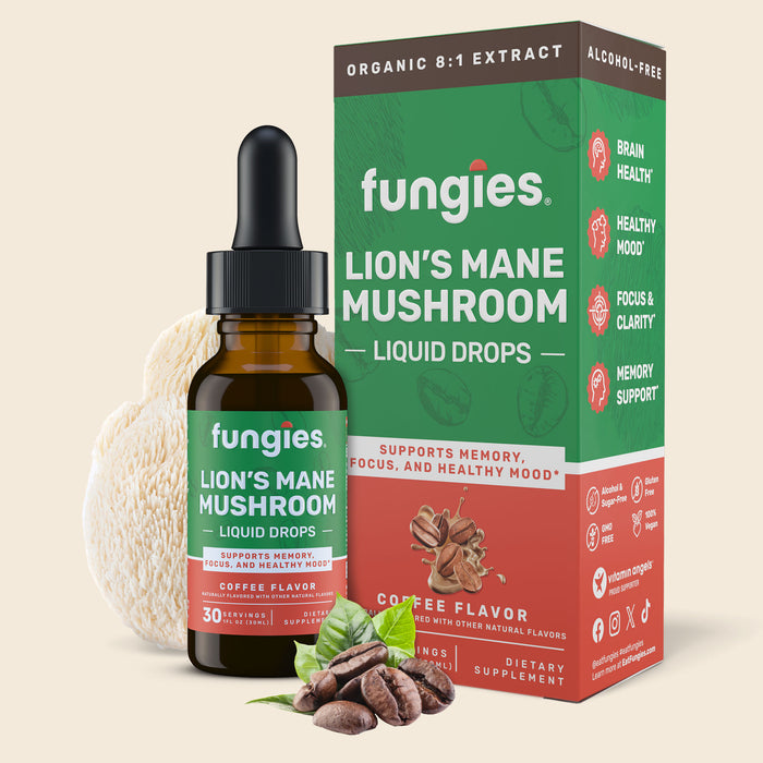 Lion's Mane Mushroom Liquid Drops bottle with a dropper and box, surrounded by coffee beans, promoting brain health and cognitive enhancement.