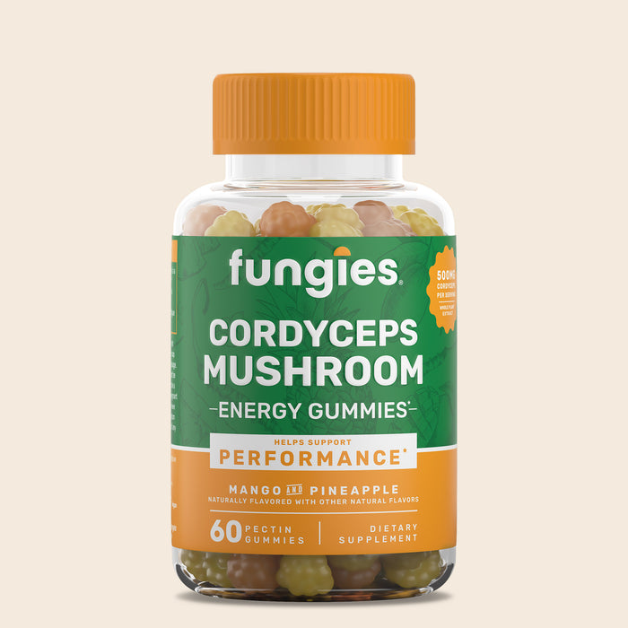 Cordyceps Mushroom Gummies bottle with label, showcasing 60 vegan, gluten-free gummies infused with 500mg Cordyceps extract, offering natural energy with mango and pineapple flavors.