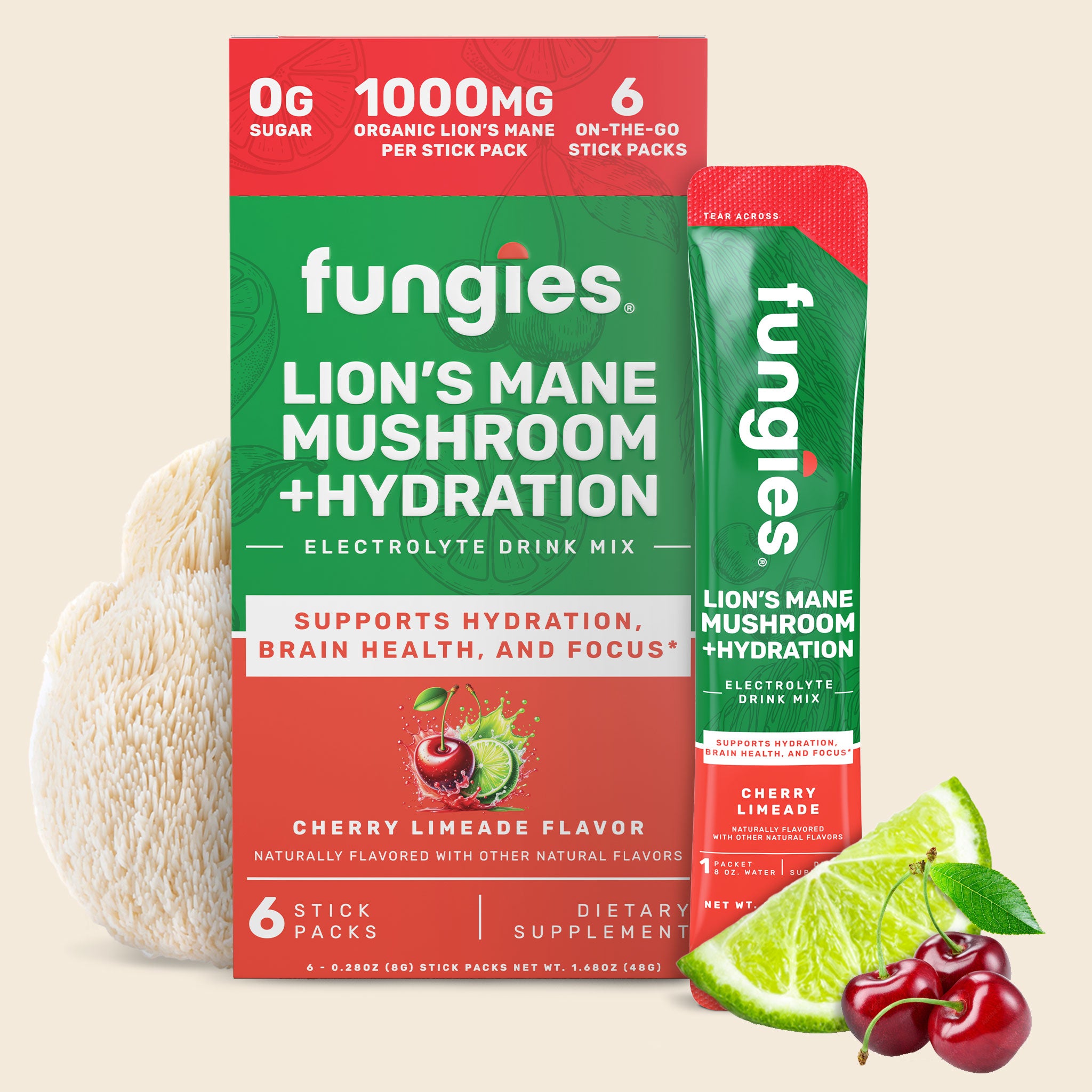 Lion's Mane Mushroom + Hydration (6 Count) drink mix variety pack, featuring visible packaging and fruits like cherries, emphasizing hydration and cognitive benefits.