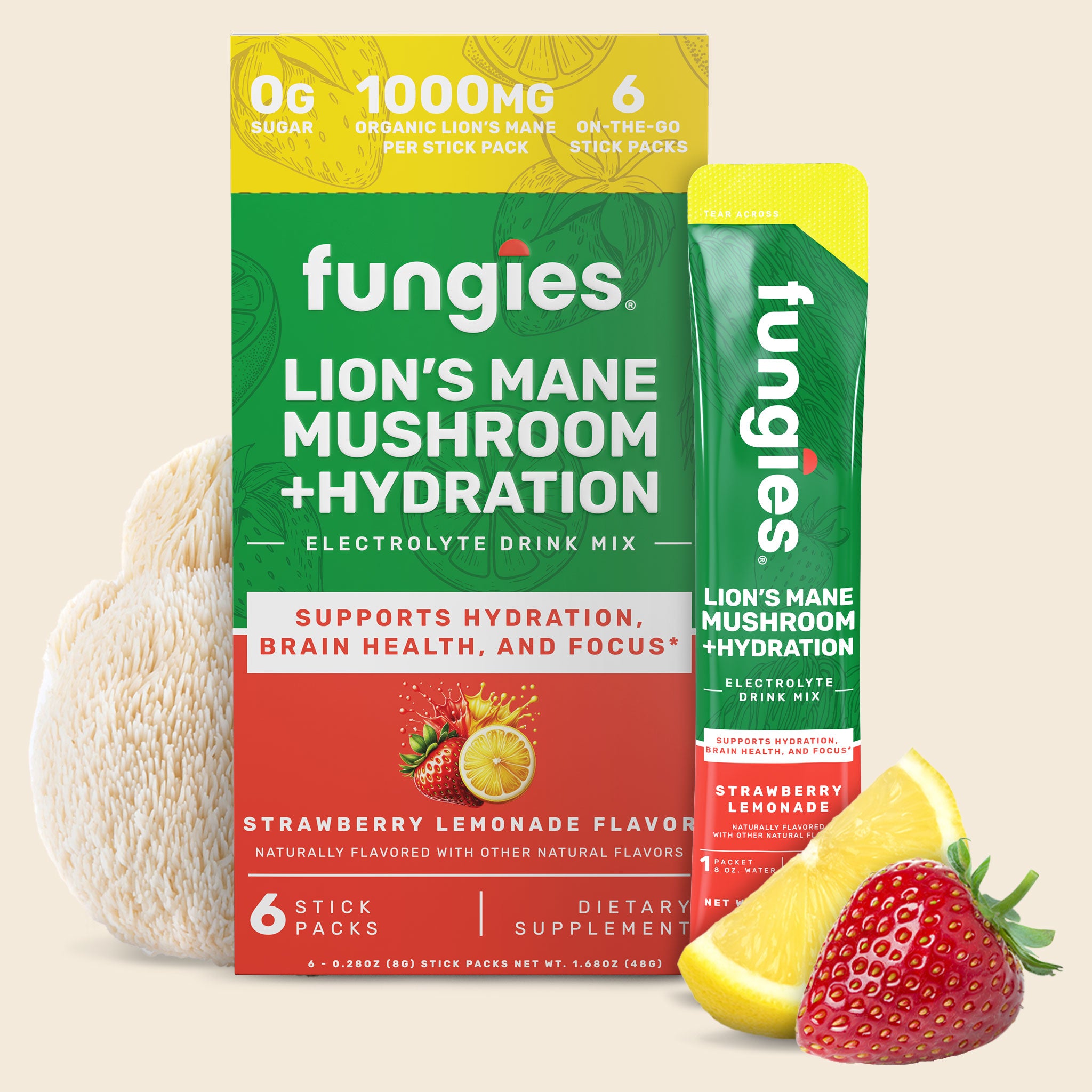 Lion's Mane Mushroom + Hydration (6 Count) package with lemon, strawberry, and mushroom imagery, highlighting its brain health and hydration benefits in a variety pack.