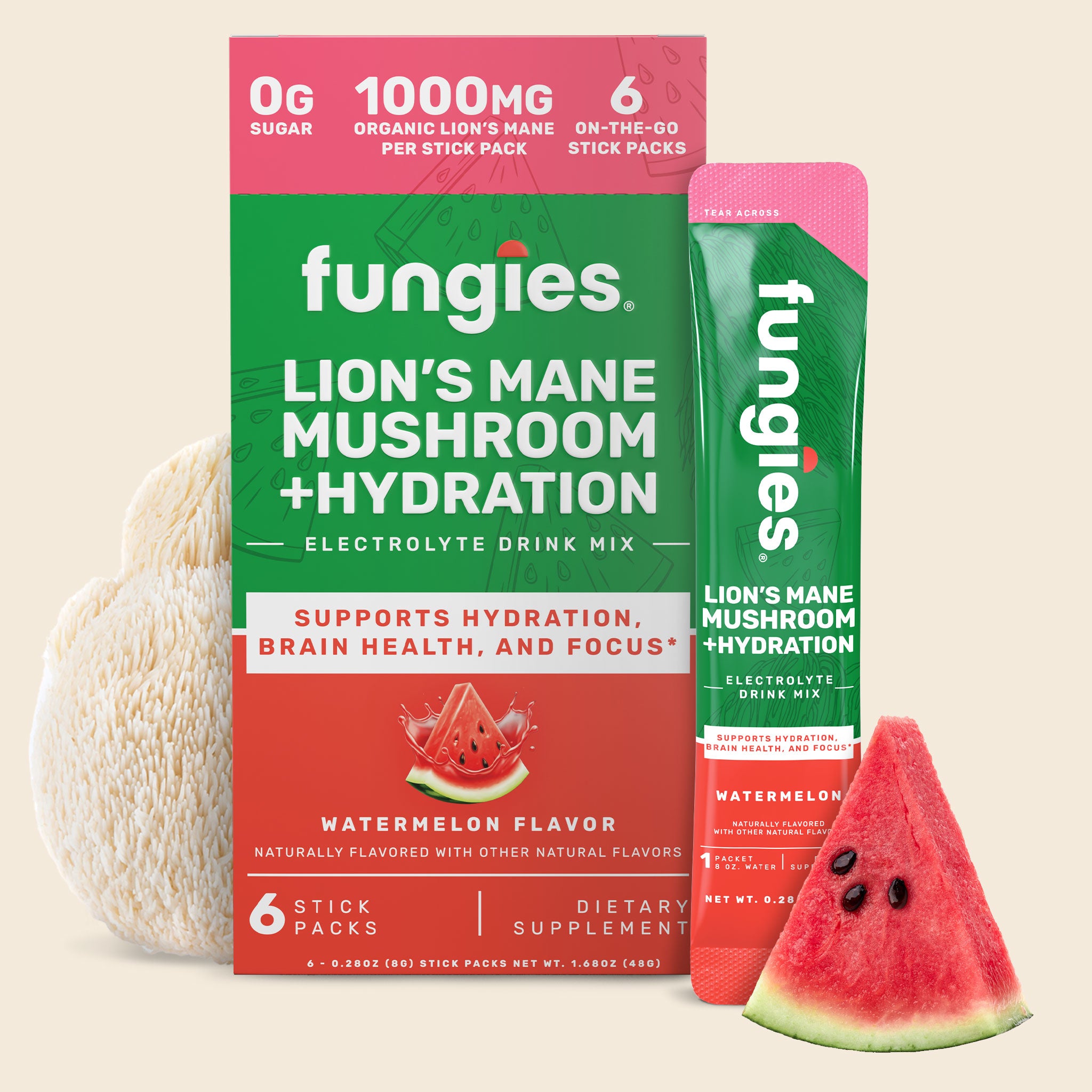 Lion's Mane Mushroom + Hydration (6 Count) with a watermelon slice, highlighting the drink mix's flavors and focus on hydration and cognitive support.