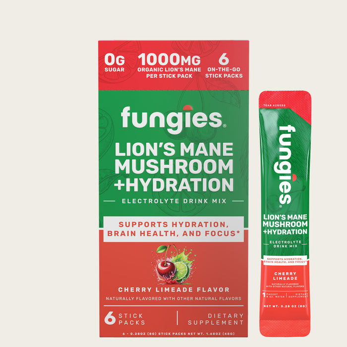 Lion's Mane Mushroom + Hydration (24 Count) features a green and red package, showcasing a cherry and lime, highlighting its focus-enhancing drink mix benefits.