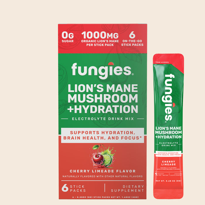 Lion's Mane Mushroom + Hydration (6 Count) variety pack, featuring a green can with white text, promoting brain health and electrolyte hydration.