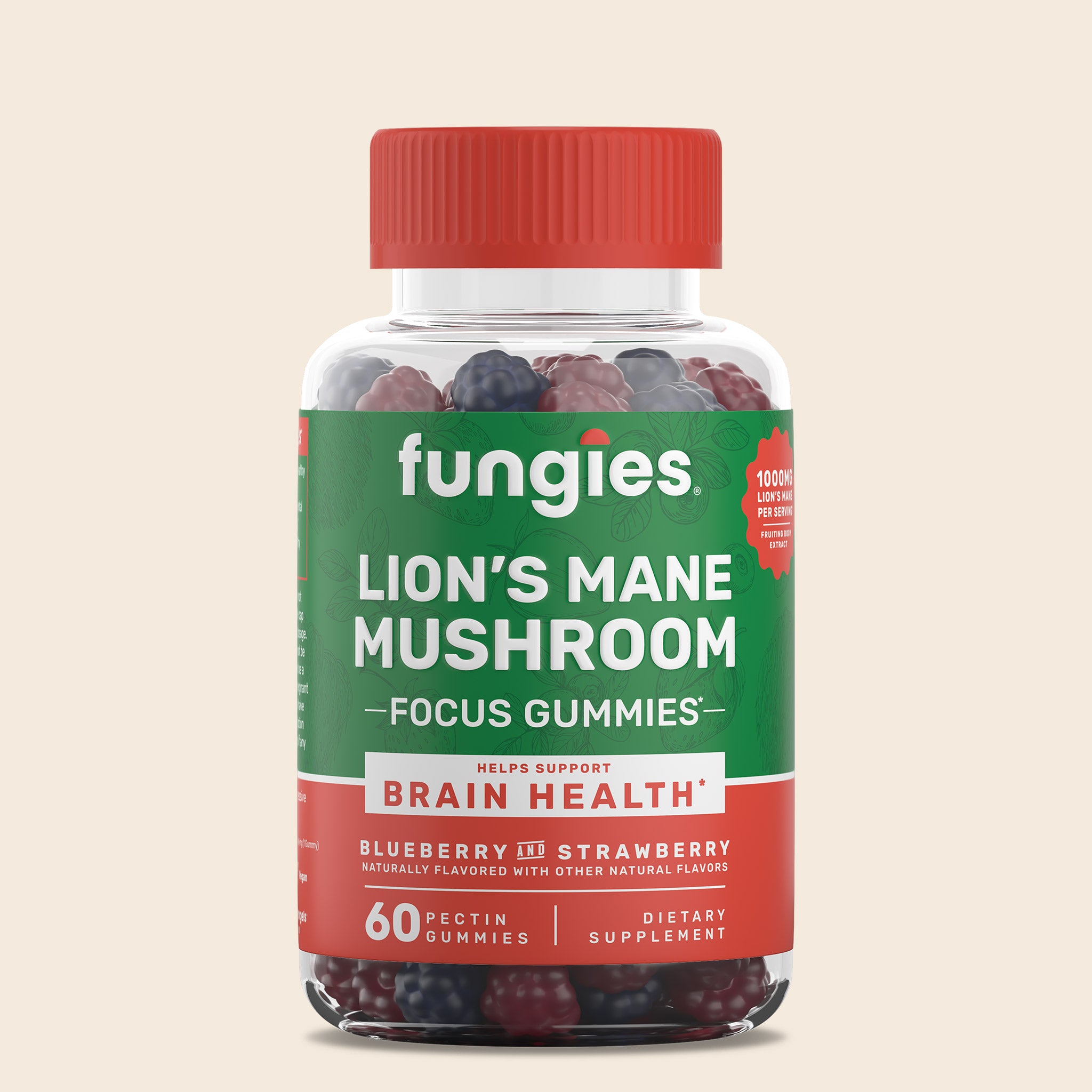 Lion's Mane Mushroom Gummies (60 Count) jar, showcasing gummies made with 500mg Lion's Mane mushroom extract, supporting cognitive performance, vegan, gluten-free, non-GMO.