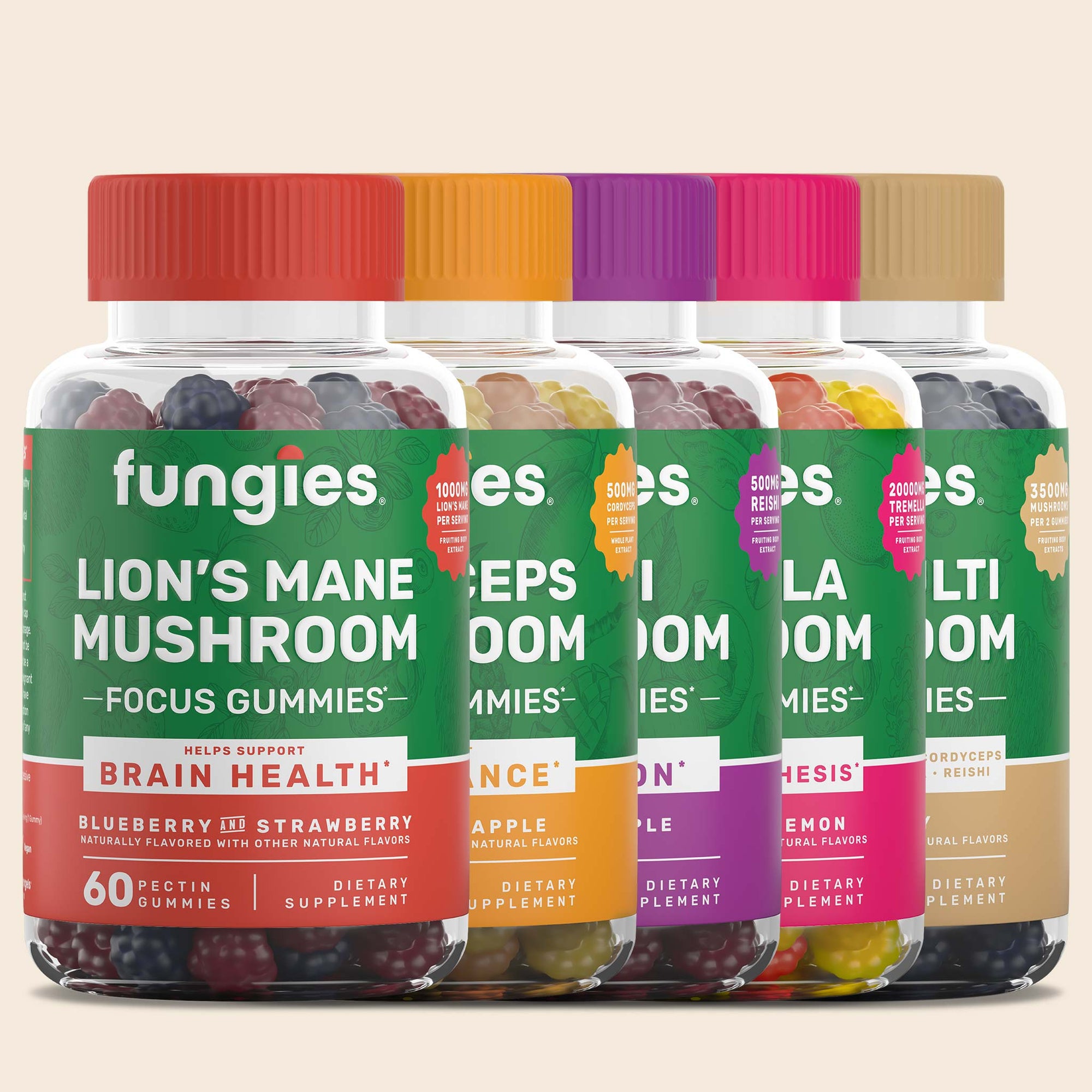 Mushroom Gummy Bundle featuring jars of assorted gummies, highlighting Lion's Mane, Cordyceps, Reishi, and Tremella varieties, packed for easy consumption.