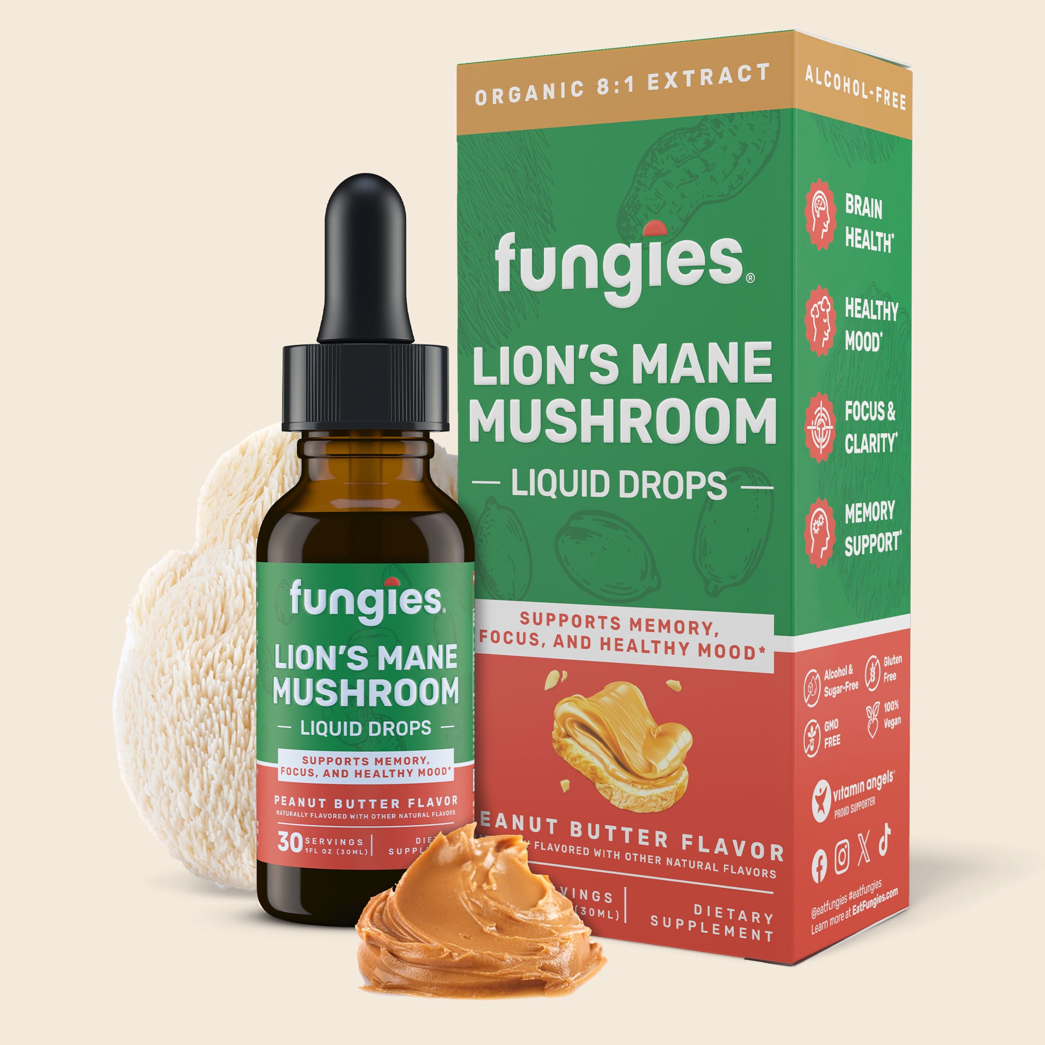 Lion's Mane Mushroom Liquid Drops with a green label beside a matching box, designed to boost cognitive function and memory with organic extract.