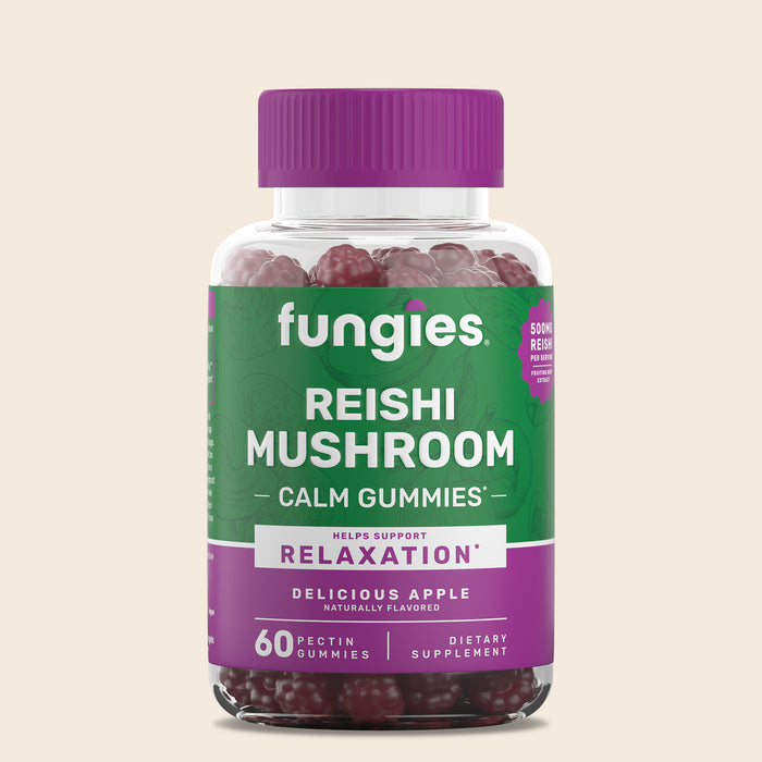 Reishi Mushroom Gummies (60 Count) bottle featuring a label, highlighting vegan and gluten-free attributes, containing 500mg Reishi mushroom extract per gummy for wellness.