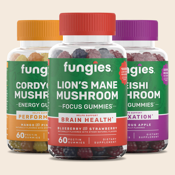 Mushroom Gummy Bundle featuring jars of Lion's Mane, Cordyceps, Reishi, and Tremella gummies, highlighting diverse health benefits.