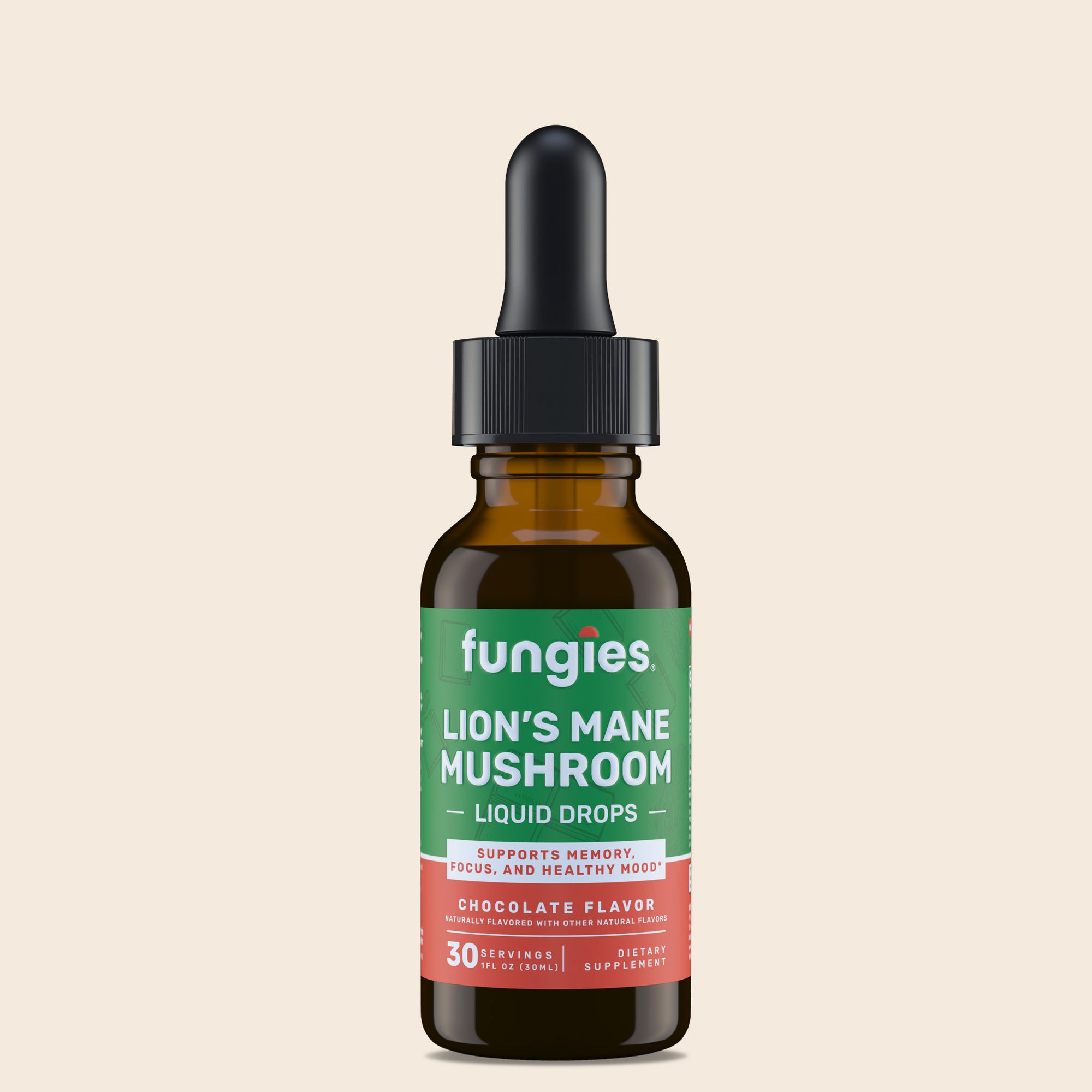 Bottle of Lion's Mane Mushroom Liquid Drops by Fungies, featuring a green label. Designed for brain health with 125mg Organic Lion’s Mane Mushroom 8:1 Extract.