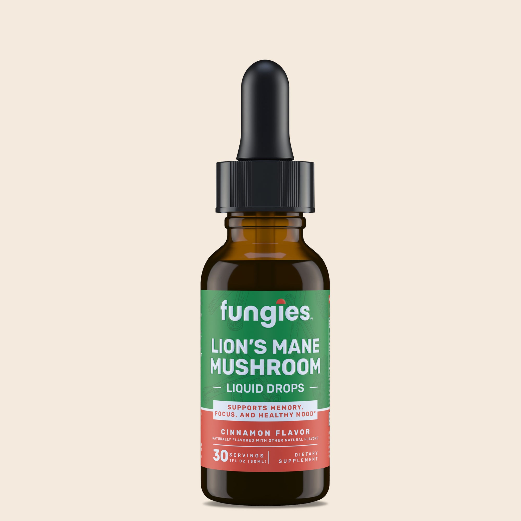 Lion's Mane Mushroom Liquid Drops in a black bottle with a green label, designed to enhance brain health, focus, and memory with 125mg Lion’s Mane extract.