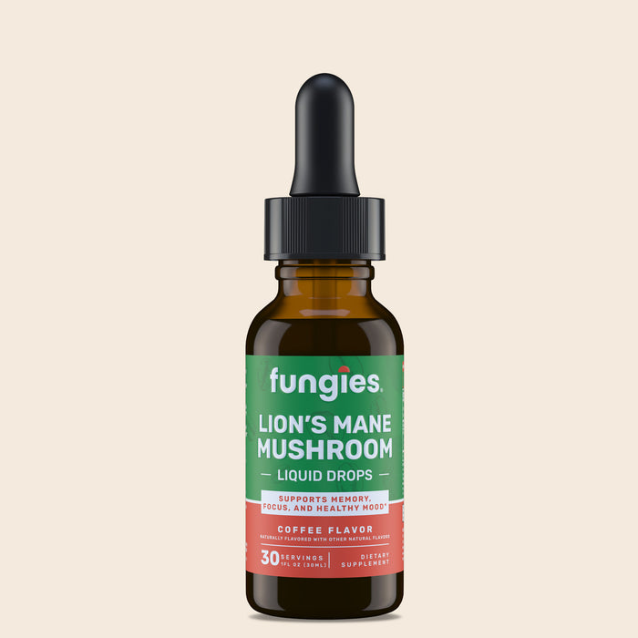 Lion's Mane Mushroom Liquid Drops in a black bottle with a white lid and green label, promoting brain health with 125mg Organic Lion’s Mane Extract.