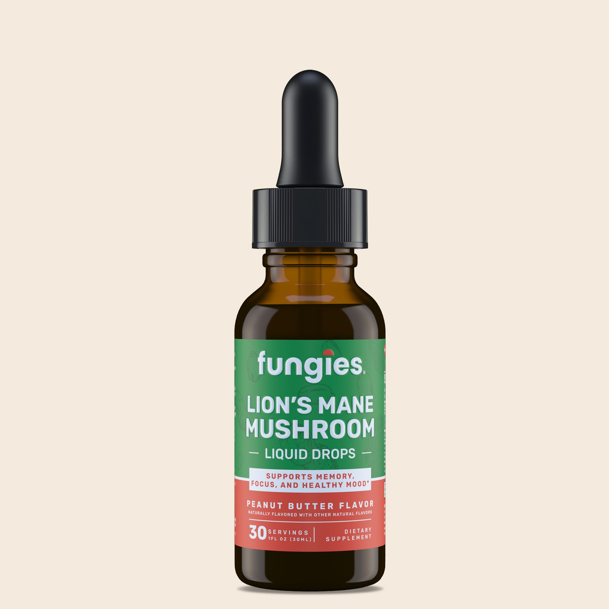 Lion's Mane Mushroom Liquid Drops in a black bottle with a black cap, featuring a green label, known for enhancing brain health, focus, and memory.