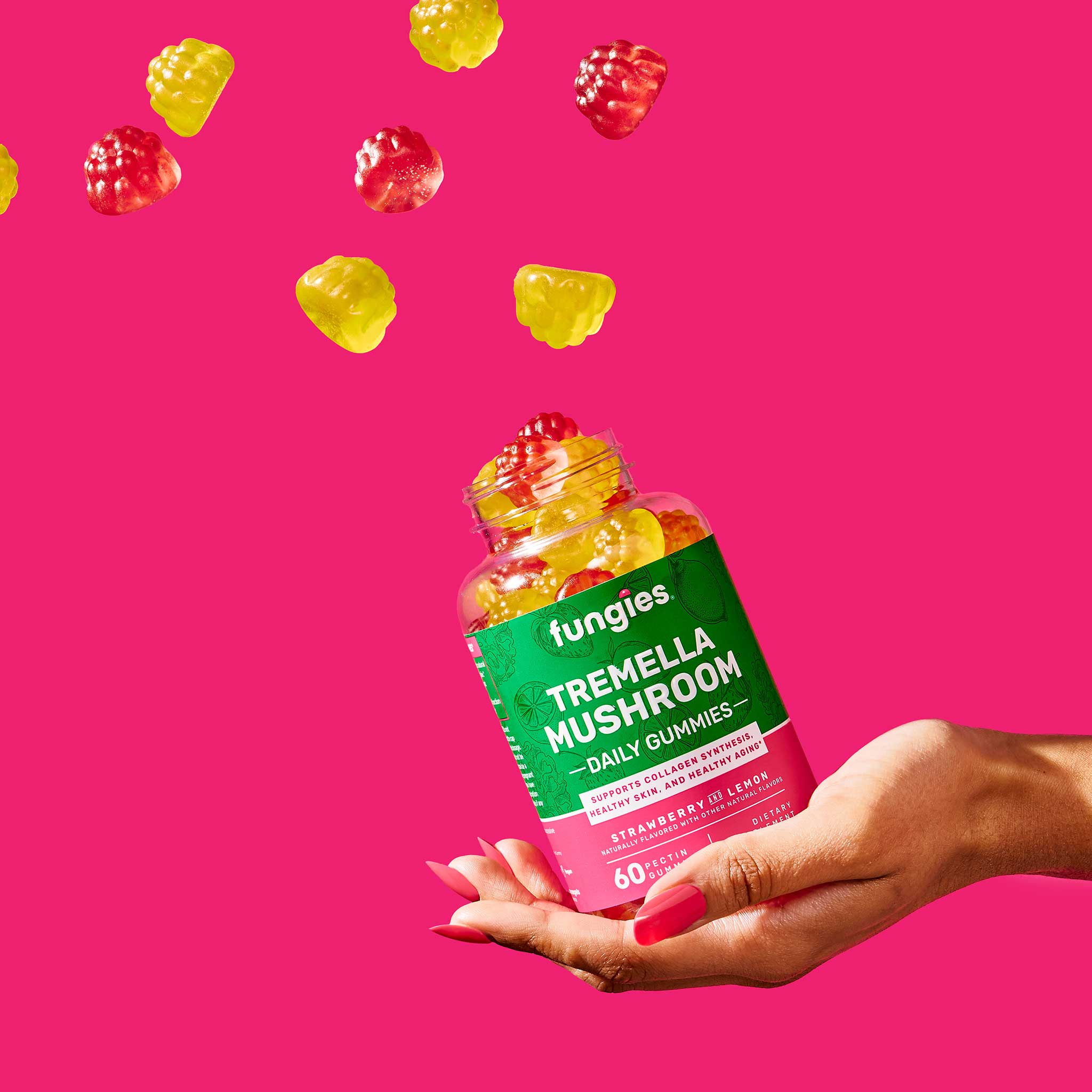 Tremella Mushroom Gummies (60 Count) held in a hand, showcasing the jar containing these vegan, gluten-free gummies designed for enhancing skin health.