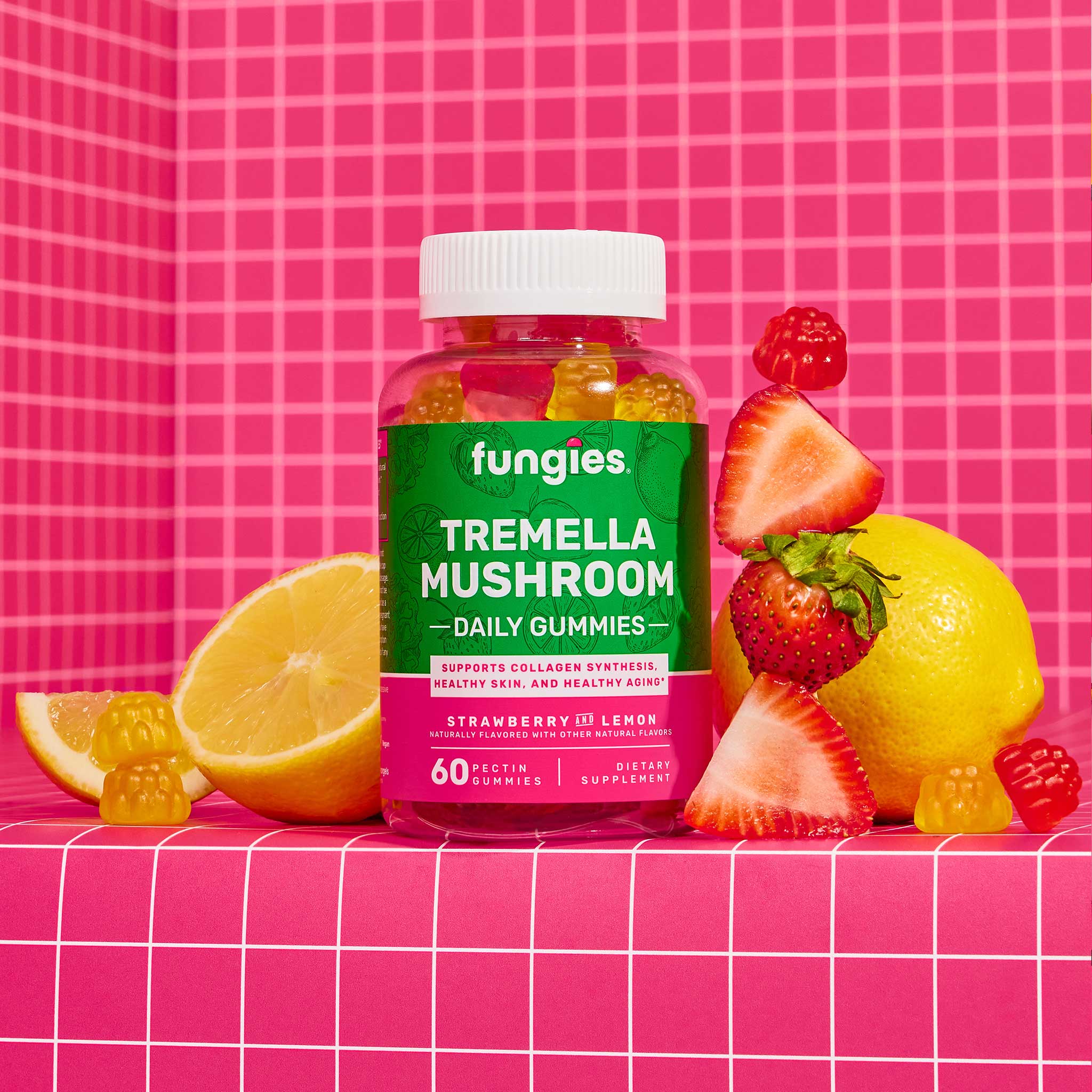 Tremella Mushroom Gummies (60 Count) bottle with strawberry and lemon slices, showcasing the skincare benefits of vegan, gluten-free gummies.