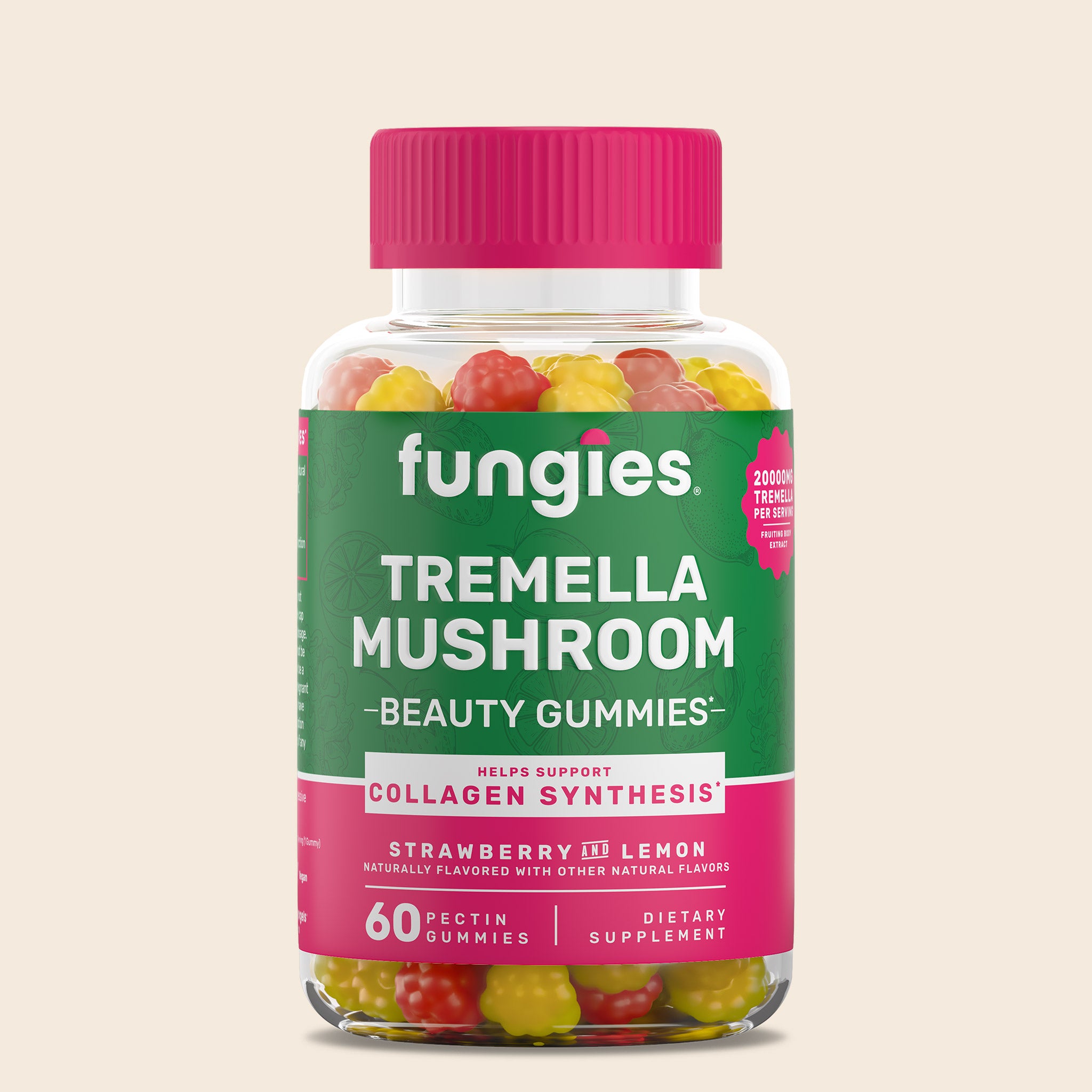 Tremella Mushroom Gummies (60 Count) in a clear bottle, showcasing vegan, gluten-free nutraceuticals designed for skin health with strawberry and lemon flavors.