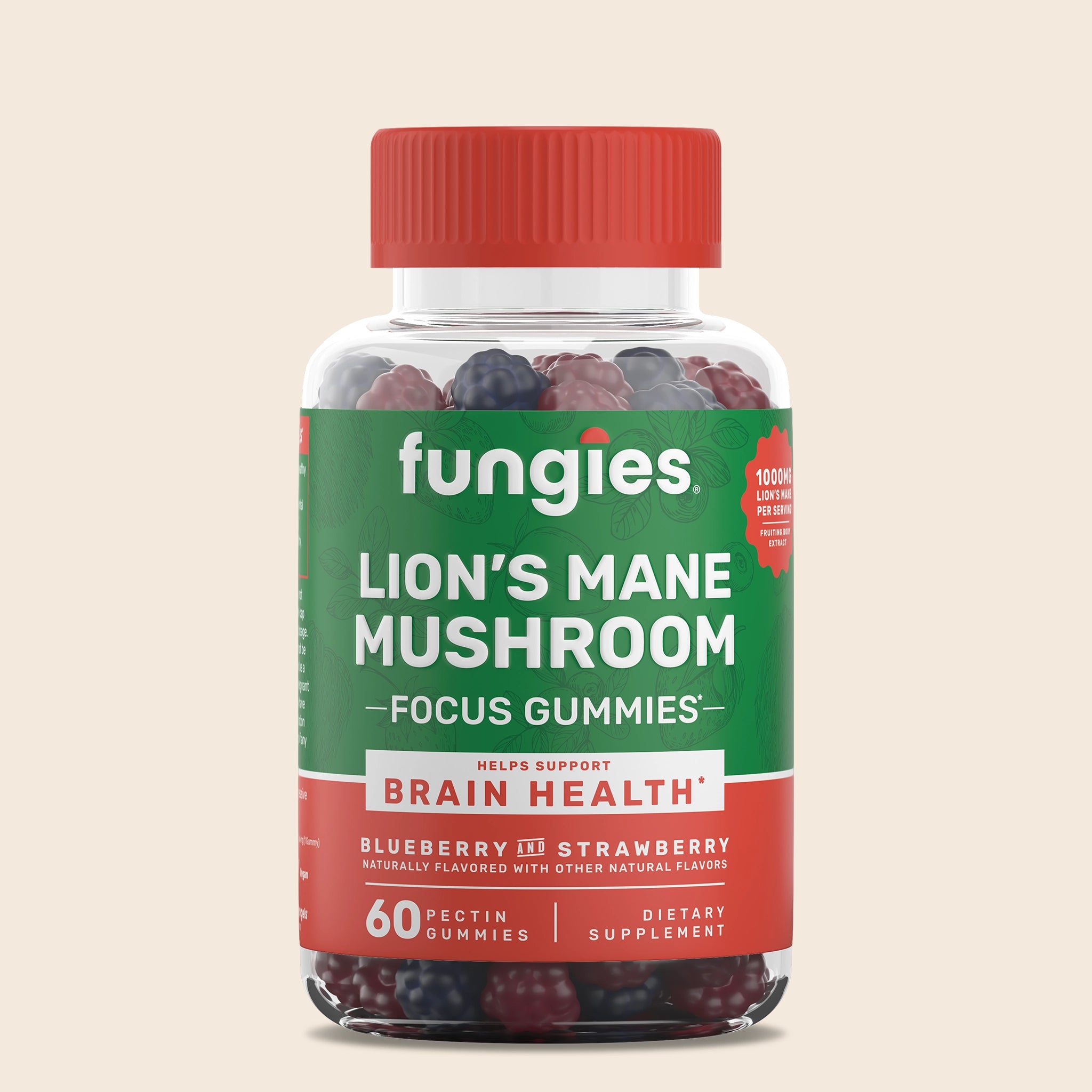 Lion's Mane Mushroom Gummies (60 Count) in a clear bottle with red lid, featuring blueberry and strawberry-shaped gummies, 1,000 mg Lion’s Mane extract per serving.