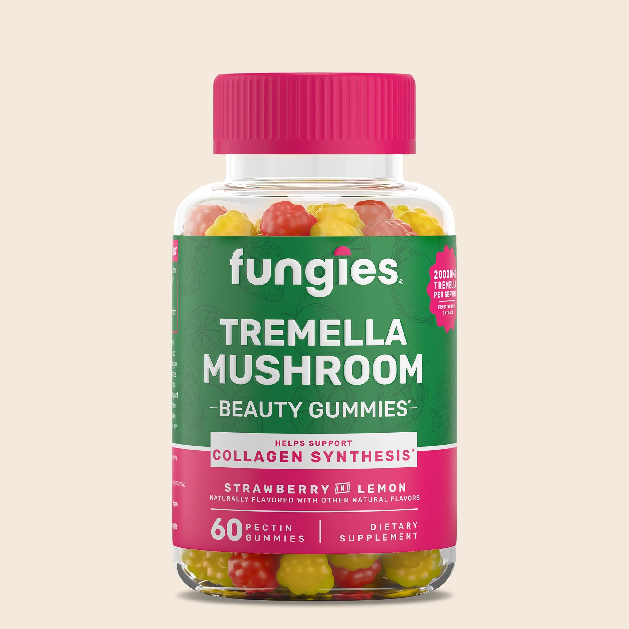 Tremella Mushroom Gummies (60 Count) in a clear jar with pink lid, featuring a label highlighting strawberry and lemon flavors, vegan and gluten-free benefits.